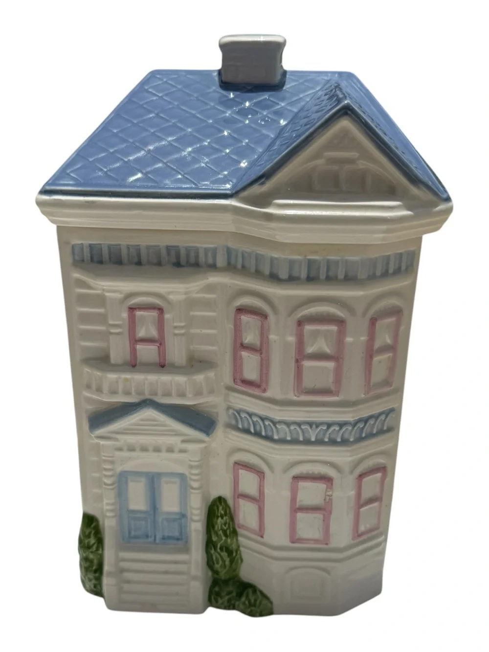 Vintage 1988 Hearth & Home Ceramic House Canister Set Blue Pink 7 Piece Kitchen